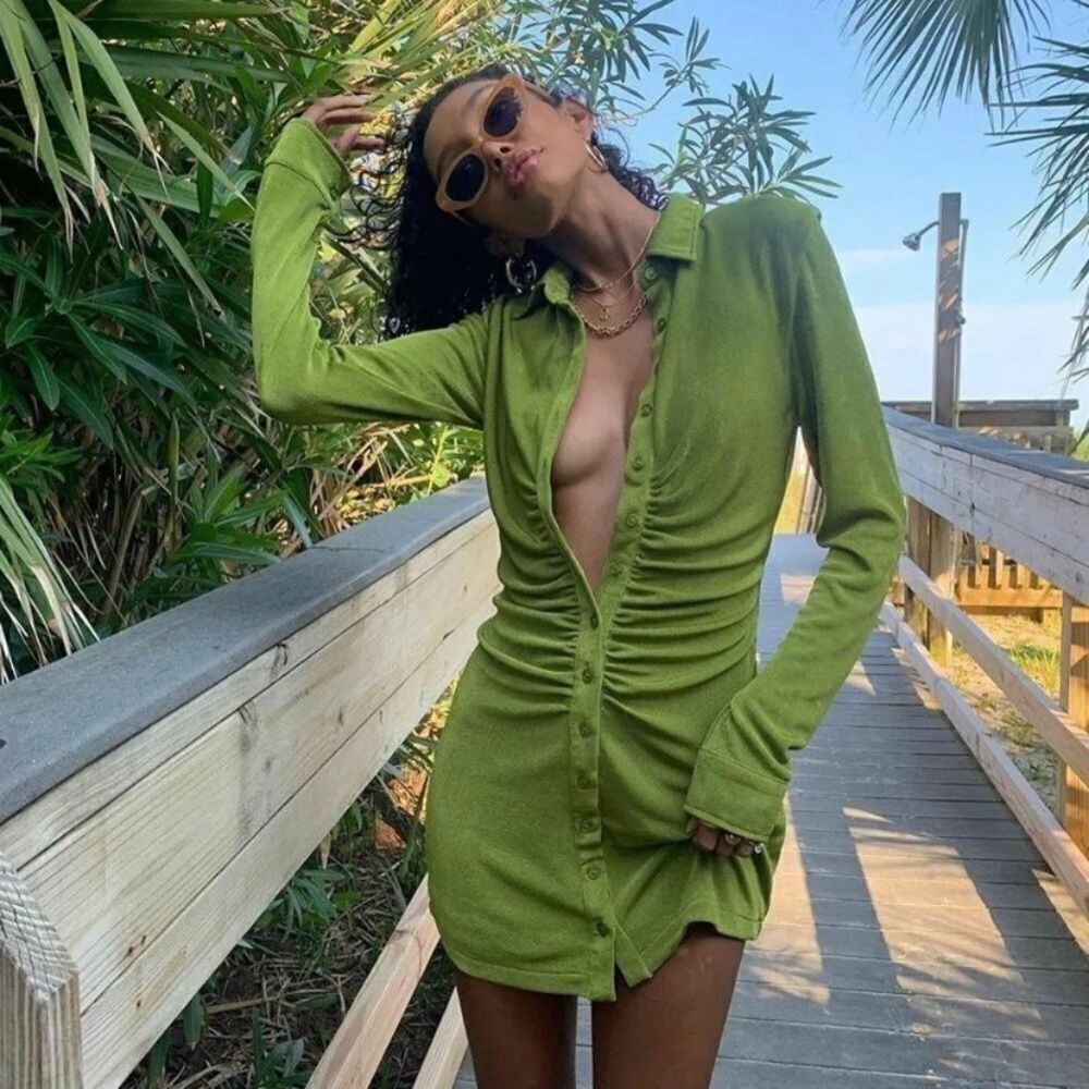 With Jean Andy Mini Green Shirt Dress Long Sleeve Size XS